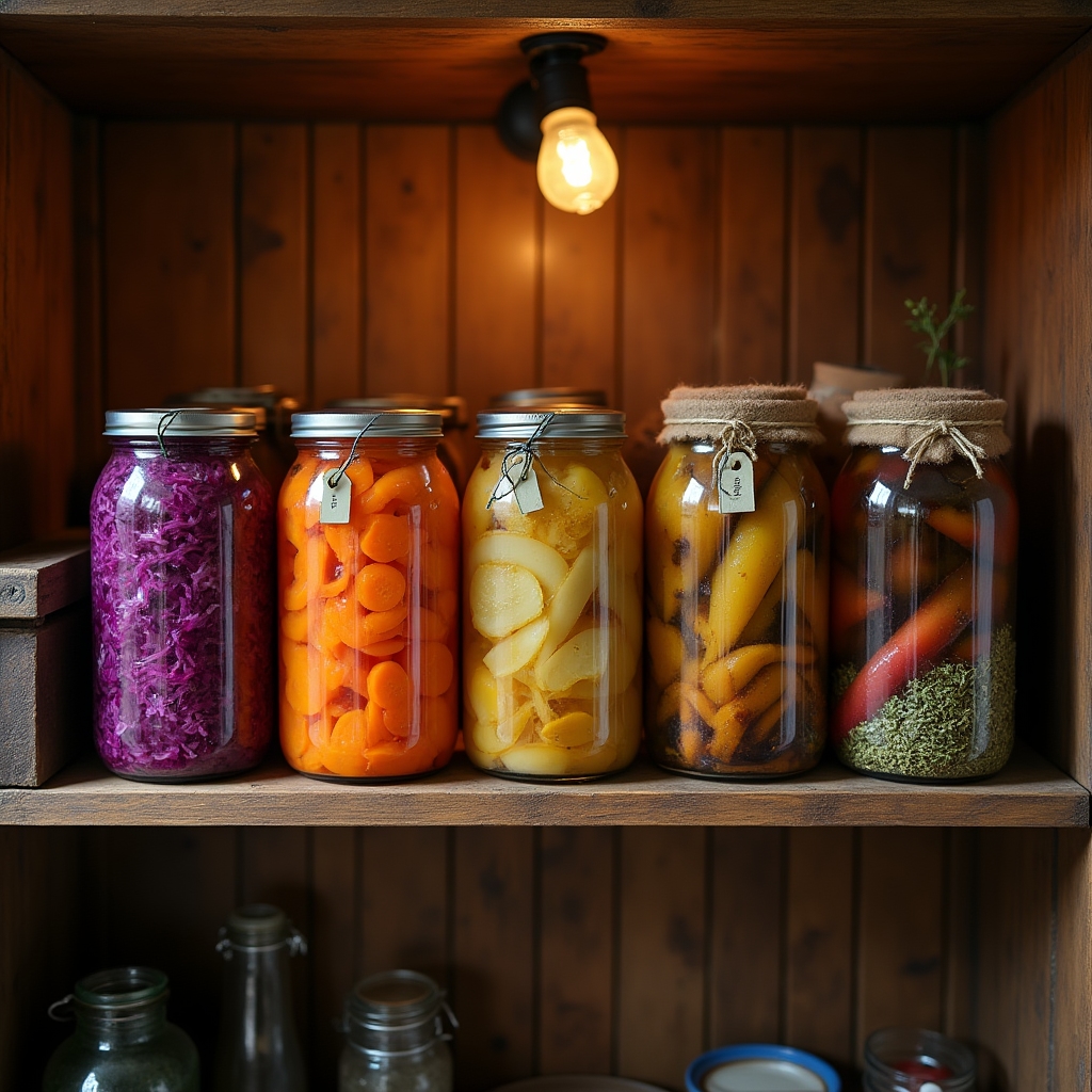 Proceso de fermentación en frascos de vidrio con verduras y especias
