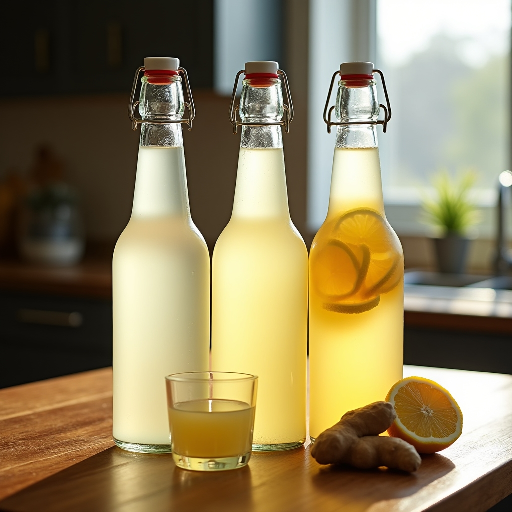 Botellas de vidrio con kéfir de agua y rodajas de limón sobre mesada de madera