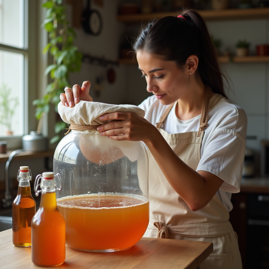 Elaboración de kombucha casera con scoby visible en frasco de vidrio