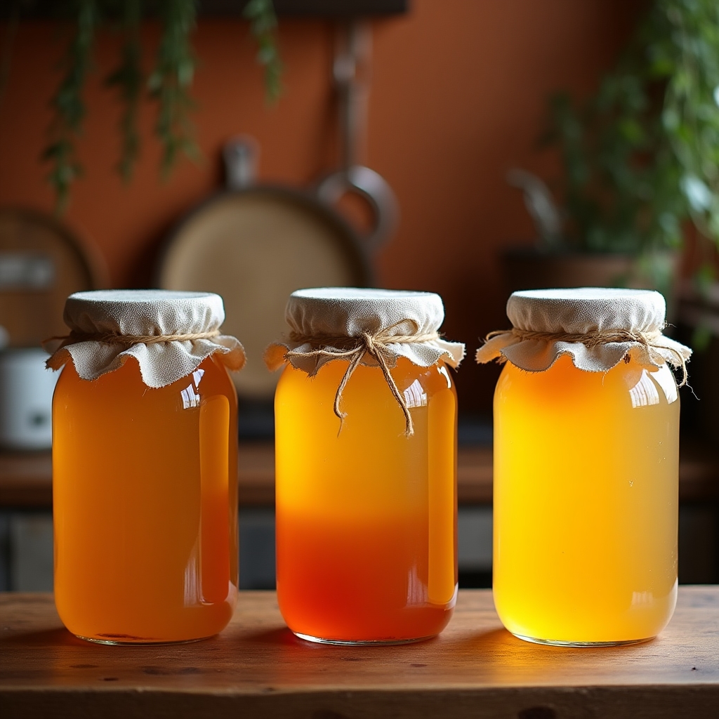 Frascos de kombucha fermentando en cocina casera argentina