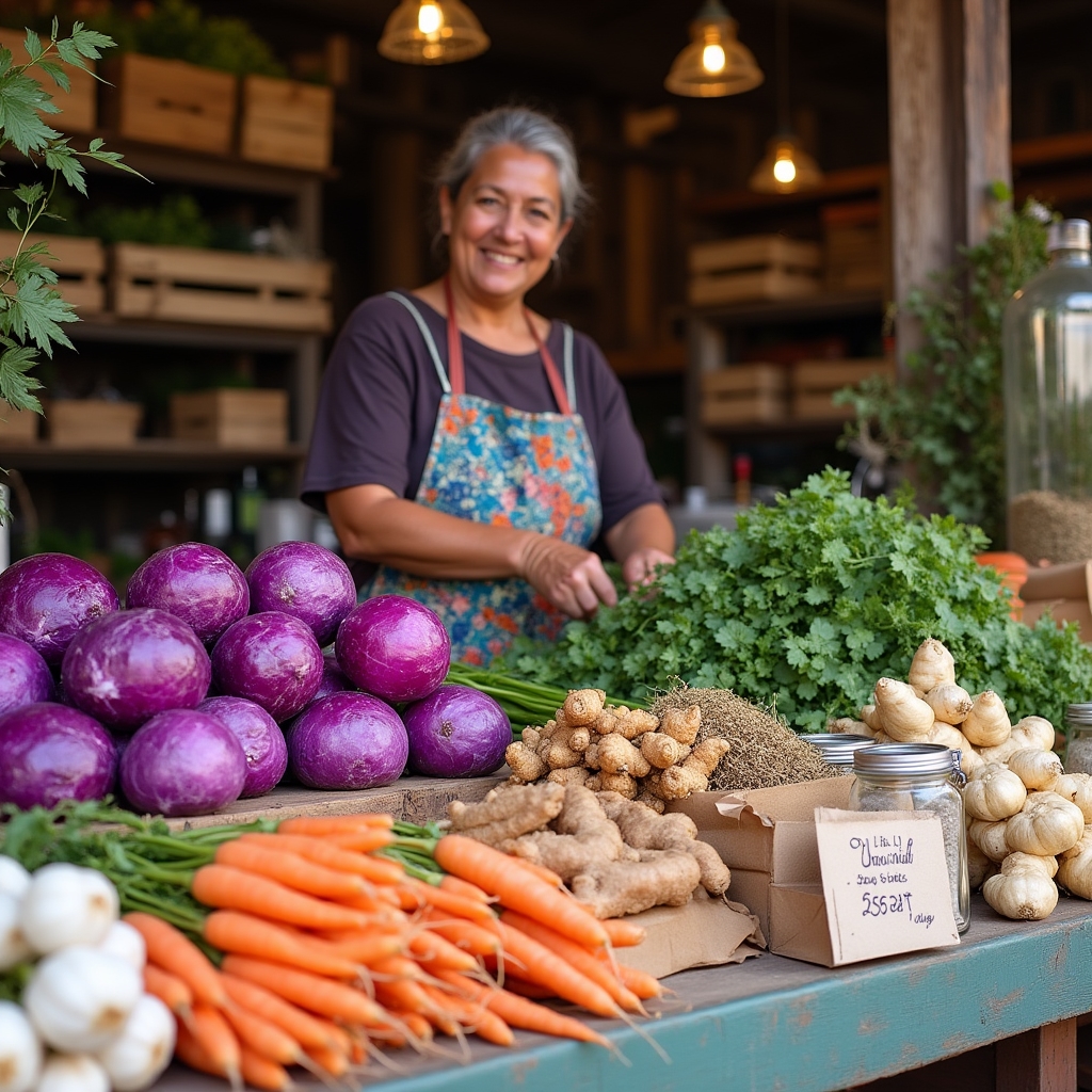 Ingredientes locales argentinos en feria de productores: hierbas, especias y vegetales frescos