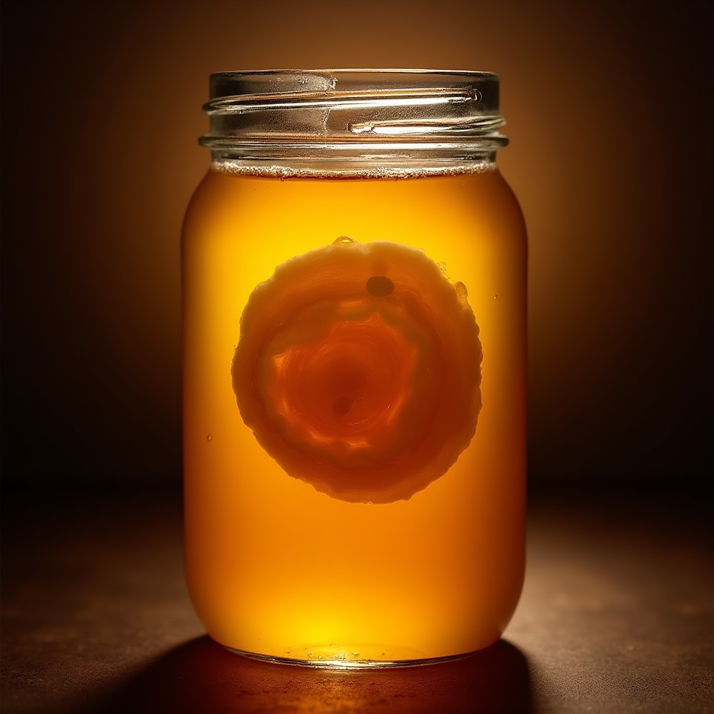 Primer plano de scoby de kombucha flotando en té fermentado