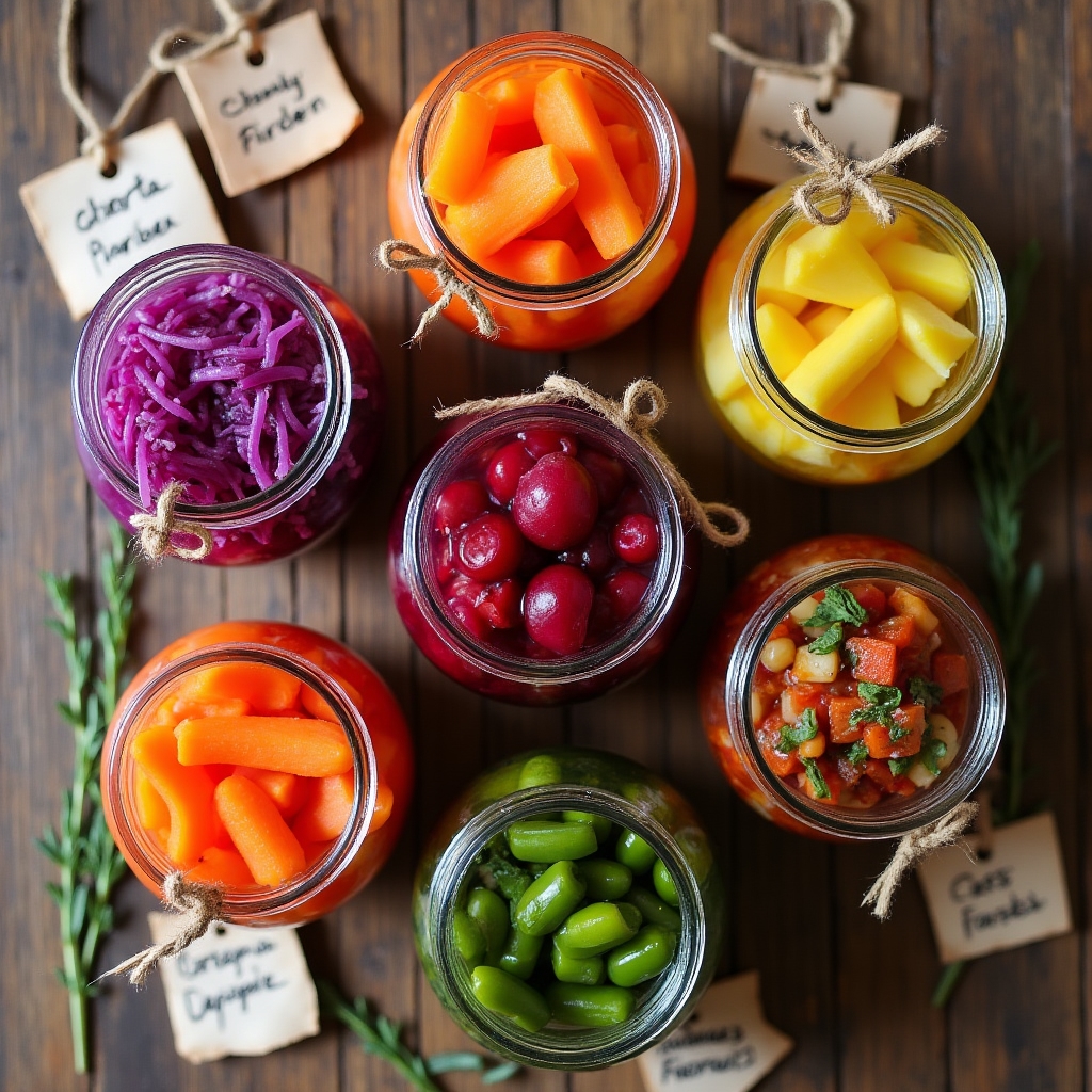 Frascos de vidrio con chucrut, zanahorias y remolachas fermentando en estante de cocina
