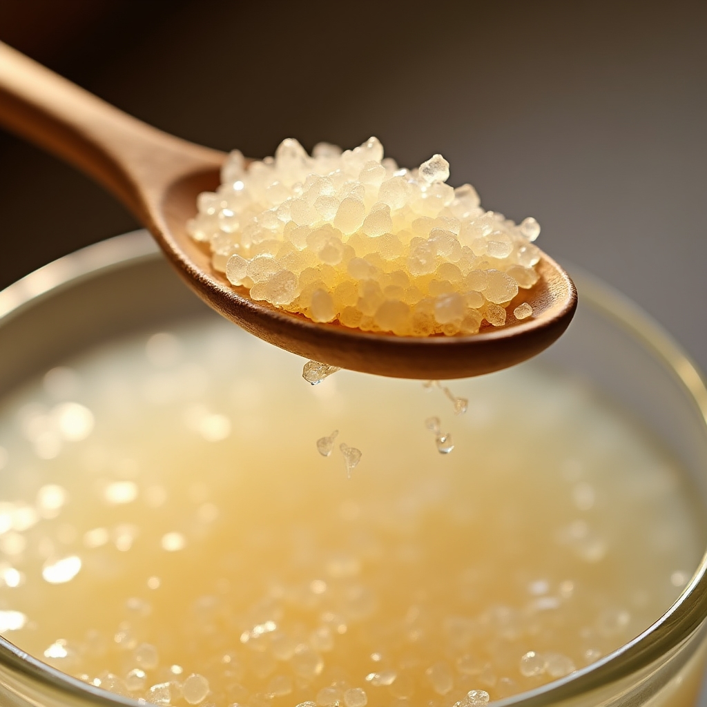 Gránulos de kéfir de agua sobre superficie de madera con luz natural